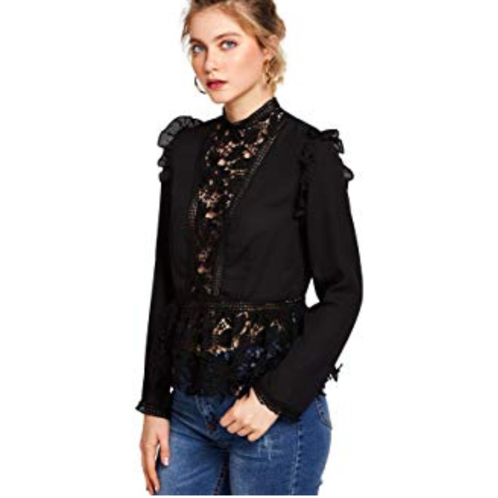 ADA Lace Detail High Neck Blouse - Picture 3 of 5